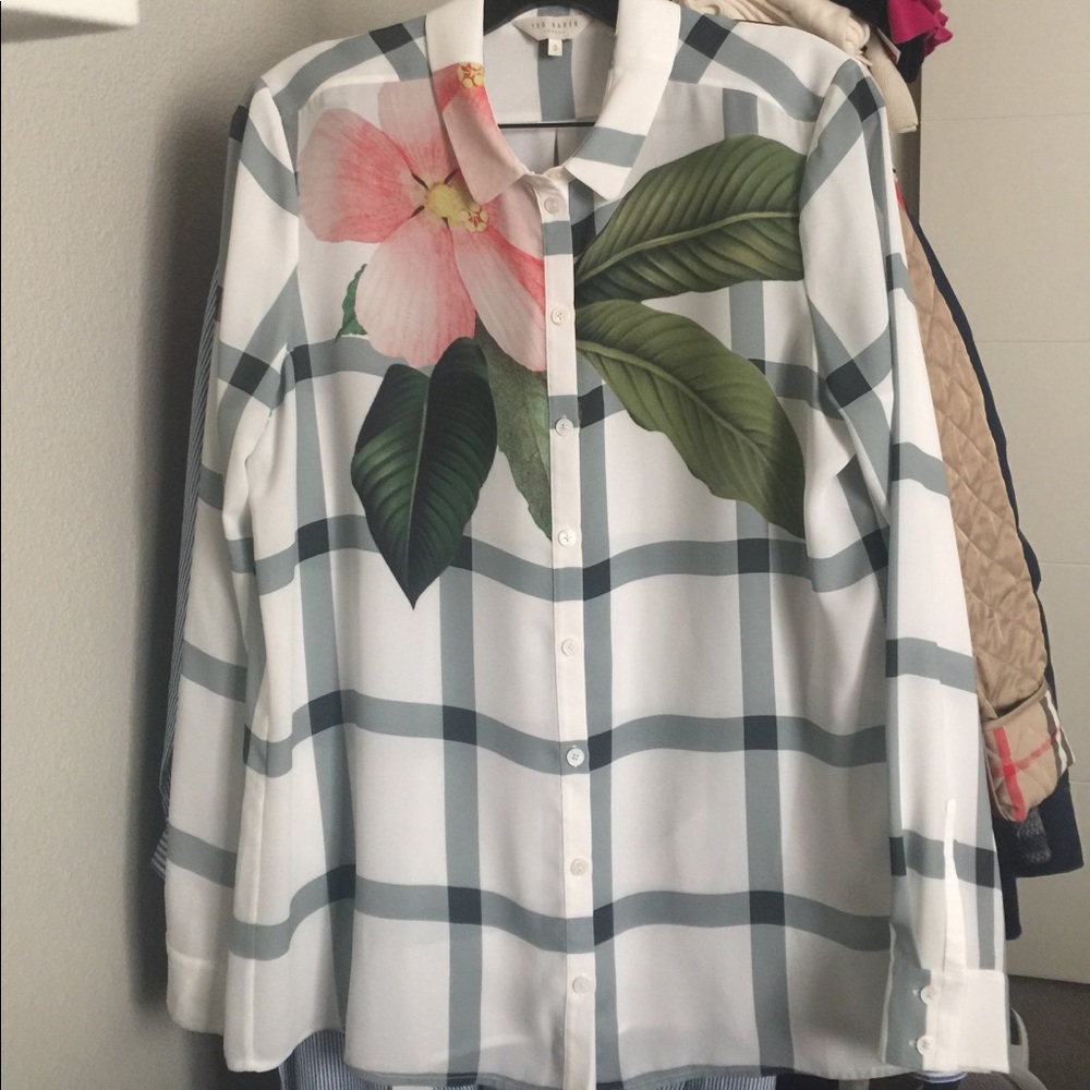 Floral Plaid Button-Up Blouse - White/Green/Pink